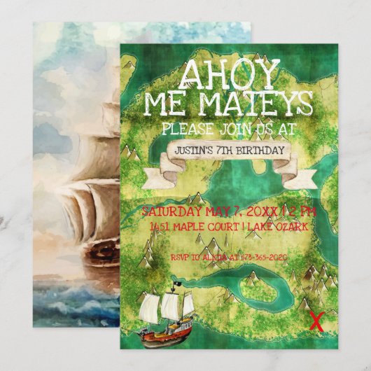 piratenthemafeest | schatkaart van waterverf kaart (Voorkant / Achterkant)