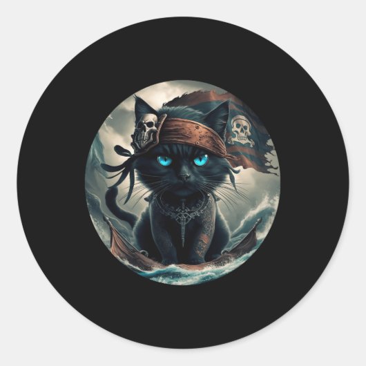piratenzwarte kat ronde sticker (Voorkant)