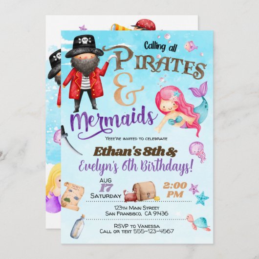 Pirates and Mermaid Birthday Invitation Kaart (Voorkant / Achterkant)