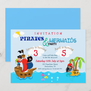 Pirates and Mermaid Colorful Joint Birthday Party Kaart