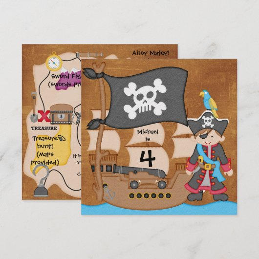 Pirates Boy Pirate Ship Birthday Invitations Kaart (Voorkant / Achterkant)