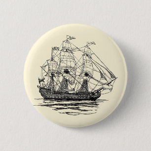 Pirates Galleon, Schets van een schip van 74 Pist Ronde Button 5,7 Cm