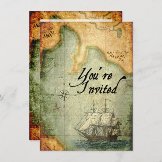 Pirates Party Invite op Antiek kaart (Voorkant / Achterkant)