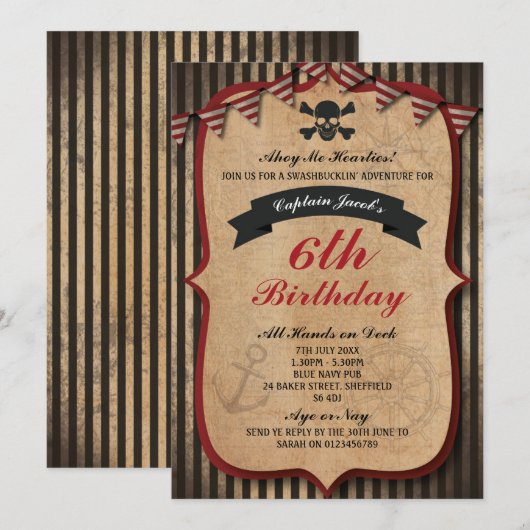 Pirates themed verjaardagsfeestuitnodiging kaart (Voorkant / Achterkant)