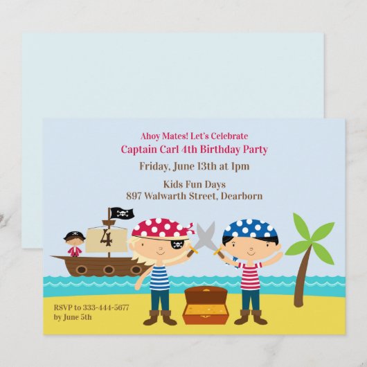 Pirates verjaardagsfeestje Mates uitnodiging (Voorkant / Achterkant)