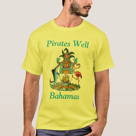 Pirates Well, Bahamas met wapenschild T-shirt (Voorkant)