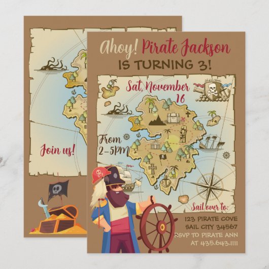 Piratkaart Thema Uitnodiging (Voorkant / Achterkant)