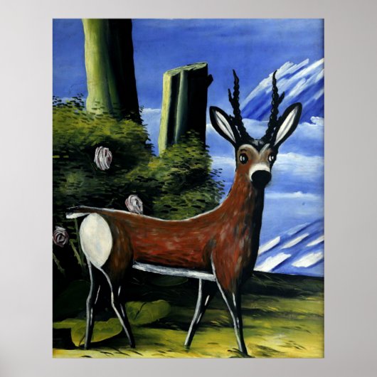 Pirosmani - Roe Deer met Landschapsachtergrond Poster (Voorkant)