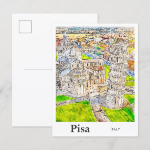 Pisa Italië Waterverf Schets Hand getekend Briefkaart