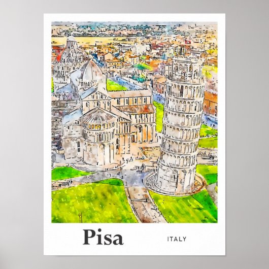 Pisa Italië Waterverf Schets Hand getekend Poster (Voorkant)