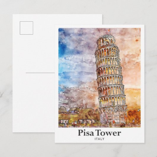 Pisa Tower Italië Reizen Waterverf Hand getekend Briefkaart (Voorkant / Achterkant)