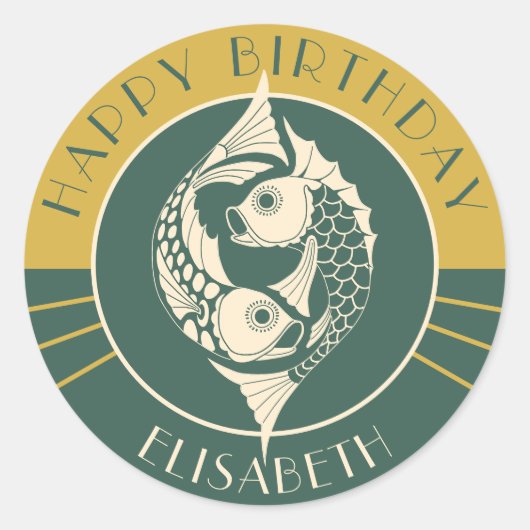 Pisces Astrology Art Nouveau CC1106 Happy Birthday Ronde Sticker (Voorkant)
