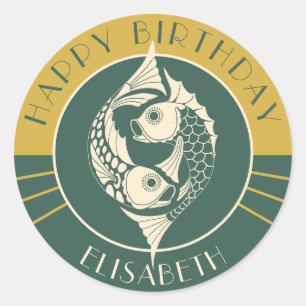 Pisces Astrology Art Nouveau CC1106 Happy Birthday Ronde Sticker