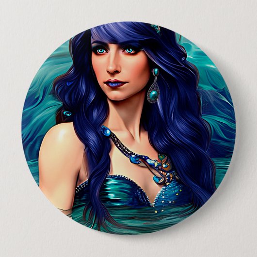 Pisces Blue Mermaid Queen Original Fantasy art Ronde Button 4,0 Cm (Voorkant)
