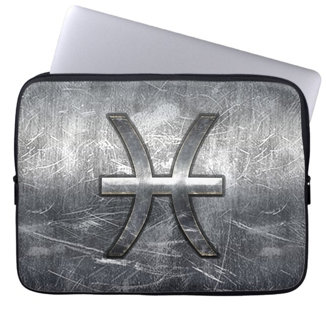 Pisces Dierenriem Symbool in Grunge Staal Print Laptop Sleeve (Voorkant)