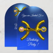 PISCES Gold Aqua Blue Zodiac Birthday Party Kaart (Voorkant / Achterkant)