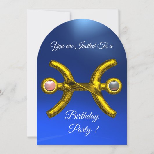 PISCES Gold Aqua Blue Zodiac Birthday Party Kaart (Voorkant)