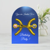 PISCES Gold Aqua Blue Zodiac Birthday Party Kaart (Staand voorkant)