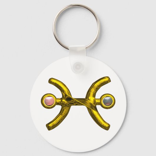 PISCES Gold Zodiac Birthday Sign, White Pink Pearl Sleutelhanger (Voorkant)