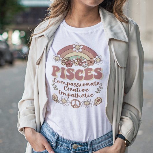 Pisces Groovy Retro Floral Rainbow T-shirt