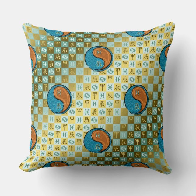Pisces & Houten Draak Worpkussen Kussen (Voorkant)