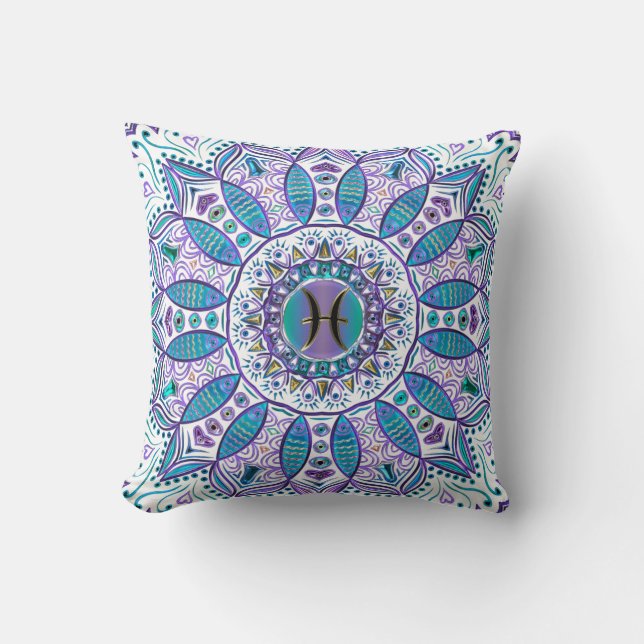 Pisces Mandala in Turquoise en Paars Kussen (Voorkant)