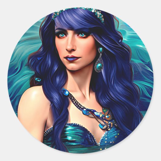 Pisces Mermaid Queen Original Fantasy art Ronde Sticker (Voorkant)