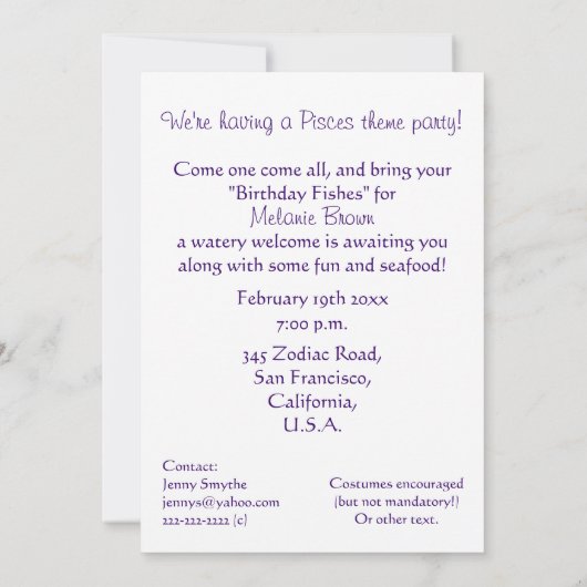 Pisces Theenmaal Birthday Party Invitation - Zodia Kaart (Achterkant)