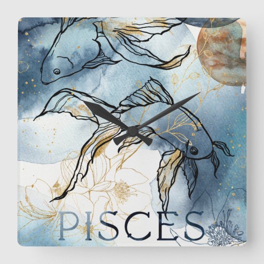 Pisces twin fish zodiac black gold flowers planes vierkante klok (Voorkant)