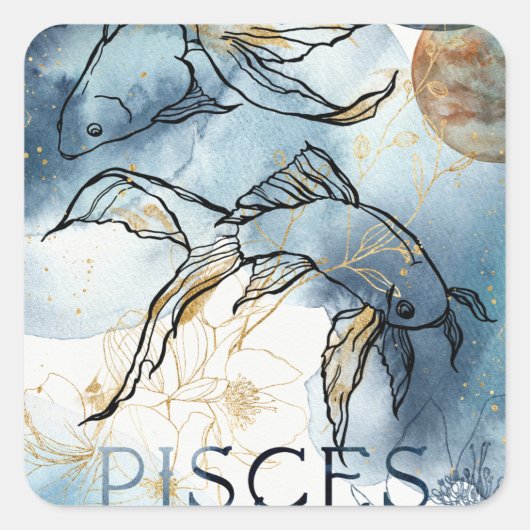 Pisces twin fish zodiac black gold flowers planes vierkante sticker (Voorkant)