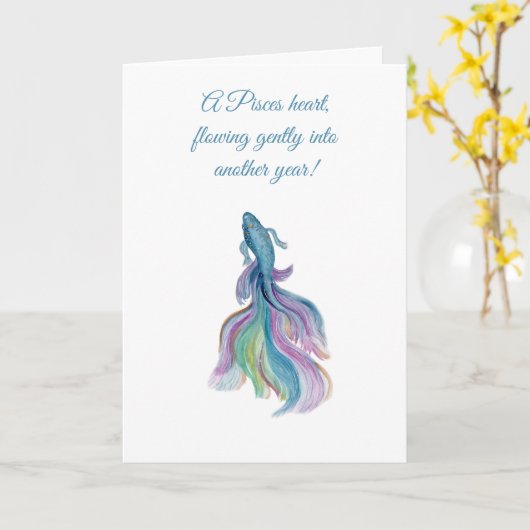 Pisces Zodiac Beautiful Betta Fish Birthday Kaart (Gele Bloem)