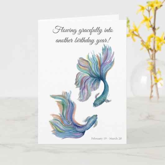 Pisces Zodiac Betta Fighting Fish Birthday Kaart (Gele Bloem)