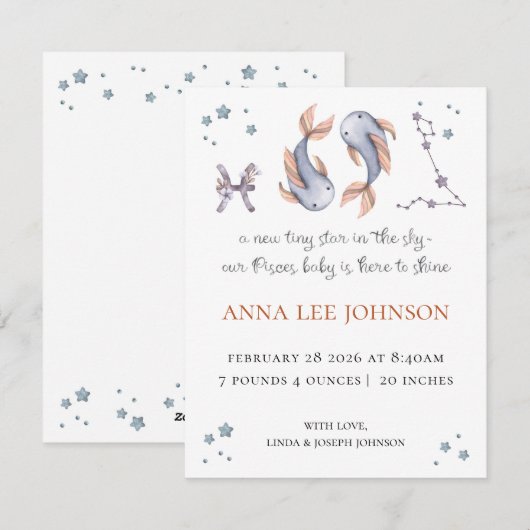 Pisces Zodiac Birth Announcement Feestdagenkaart (Voorkant / Achterkant)