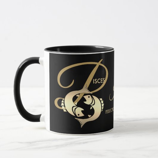Pisces ♓ Zodiac Birthday Sign/Black en Gold Mok (Links)