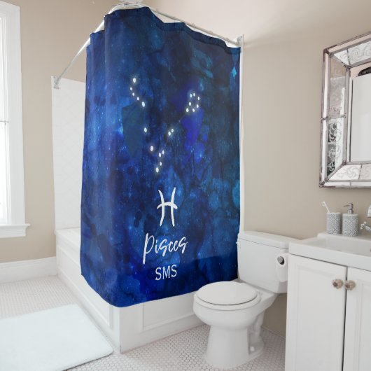 Pisces Zodiac Constellation Blue Galaxy Monogram Douchegordijn (In situ)