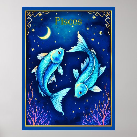 Pisces Zodiac Fish Swimming in Cosmic Waters Poster (Voorkant)