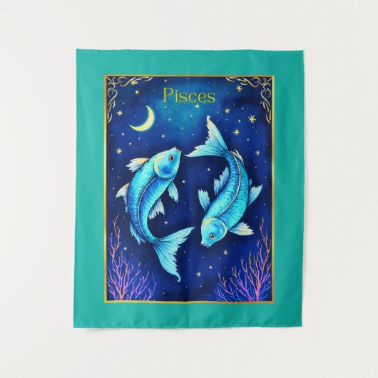 Pisces Zodiac Fish Swimming in Cosmic Waters Wandkleed (Voorkant)