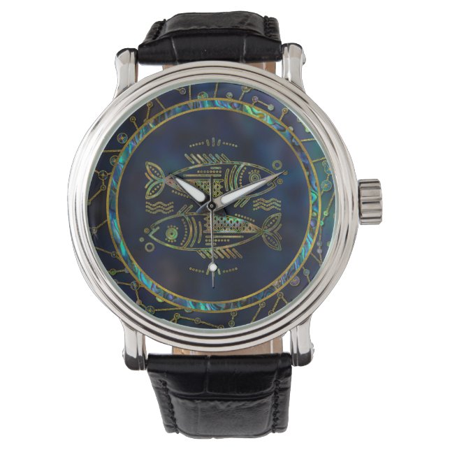 Pisces Zodiac Gold Abalone op constellatie Horloge (Voorkant)