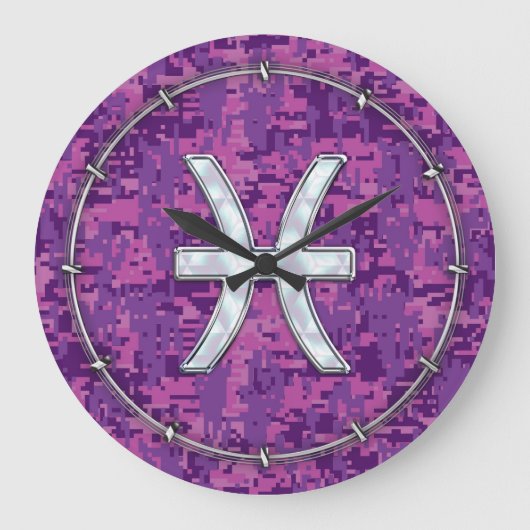 Pisces Zodiac on Fuchsia Pink Digital Camouflage Grote Klok (Voorkant)