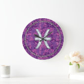 Pisces Zodiac on Fuchsia Pink Digital Camouflage Grote Klok (Huis)
