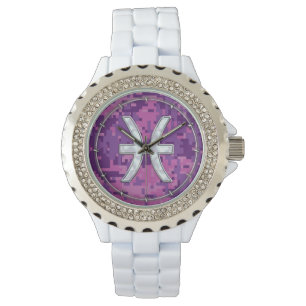 Pisces Zodiac on Fuchsia Pink Digital Camouflage Horloge