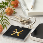 Pisces Zodiac Sign, Black & Gold Sleutelhanger (Voorkant Rechts)