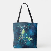 Pisces Zodiac Sign Cosmic Monogram Naam Blauwgroen Tote Bag (Achterkant)