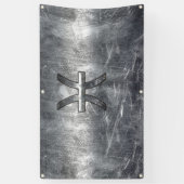 Pisces Zodiac Sign in Grunge Silver Steel Style Spandoek (Verticaal)