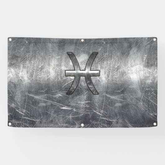 Pisces Zodiac Sign in Grunge Silver Steel Style Spandoek (Horizontaal)