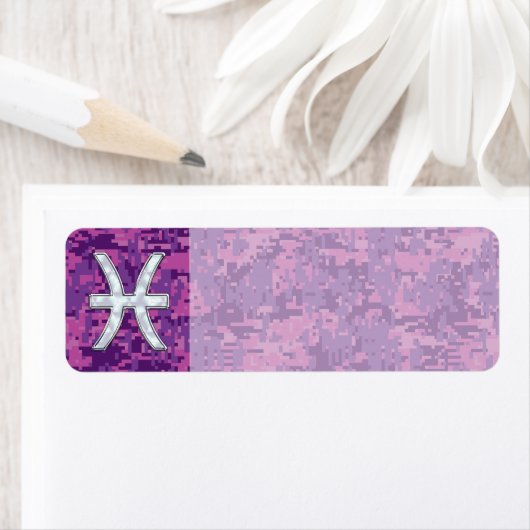 Pisces Zodiac Sign on Fuchsia Digital Camo Etiket (Insitu)