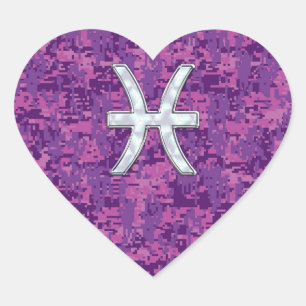 Pisces Zodiac Sign on Fuchsia Digital Camo Hart Sticker