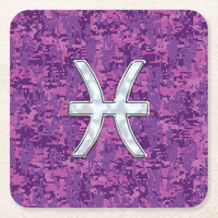 Pisces Zodiac Sign on Fuchsia Digital Camo Kartonnen Onderzetters