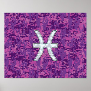 Pisces Zodiac Sign on Fuchsia Digital Camo Poster