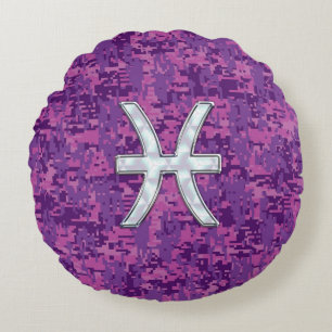 Pisces Zodiac Sign on Fuchsia Digital Camo Rond Kussen